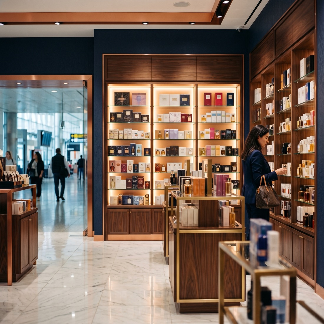 Interior of a premium duty-free retail boutique